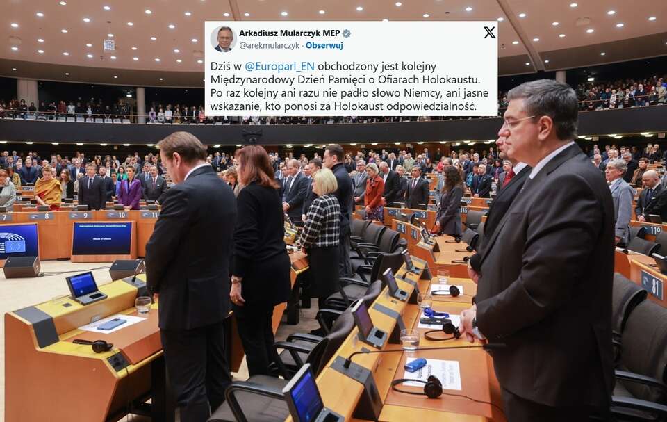 PE i ambasador Niemiec nie wspomnieli o tym, kto odpowiada za Holokaust (na zdjęciu Parlament Europejski i wpis A.Mularczyka z X) / autor:  EPA/Olivier Hoslet Dostawca: PAP/EPA.