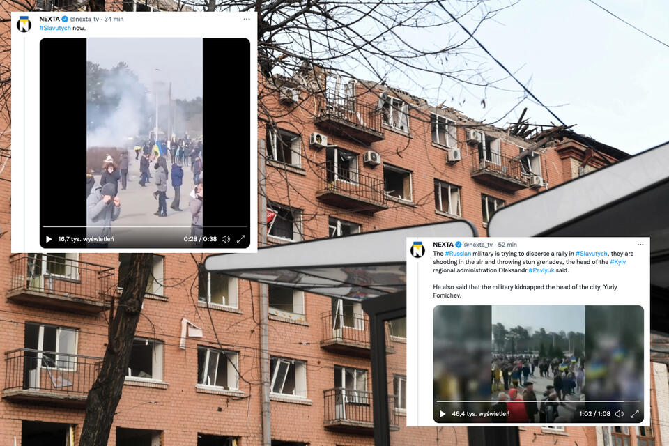 Zdjęcie ilustracyjne - W tle zniszczony po rosyjskim ostrzale budynek, 25 bm. w Kijowie. / autor: PAP/Andrzej Lange/TWITTER