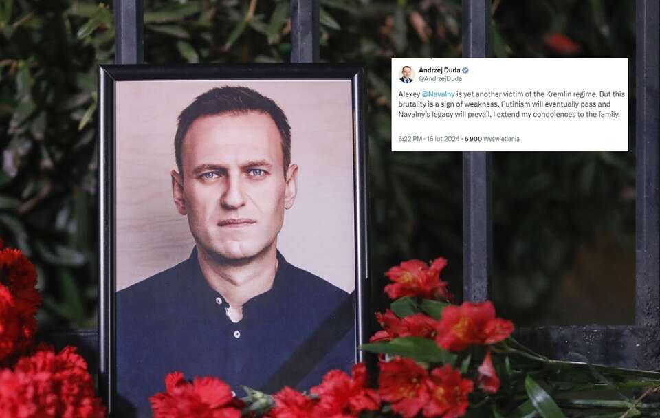 Kwiaty przy portrecie Aleksieja Nawalnego przed ambasadą Rosji w Tbilisi w Gruzji / autor: PAP/EPA; X/Andrzej Duda