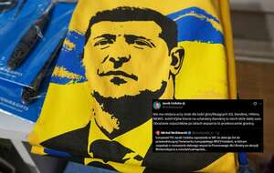 Wizerunek Wołodymyra Zełenskiego na koszulce oraz wpis Jacka Ozdoby z portalu X / autor: Fratria/X-Jacek Ozdoba