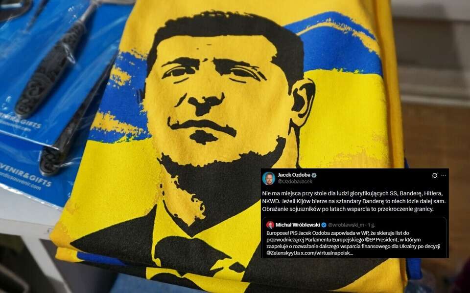 Wizerunek Wołodymyra Zełenskiego na koszulce oraz wpis Jacka Ozdoby z portalu X / autor: Fratria/X-Jacek Ozdoba