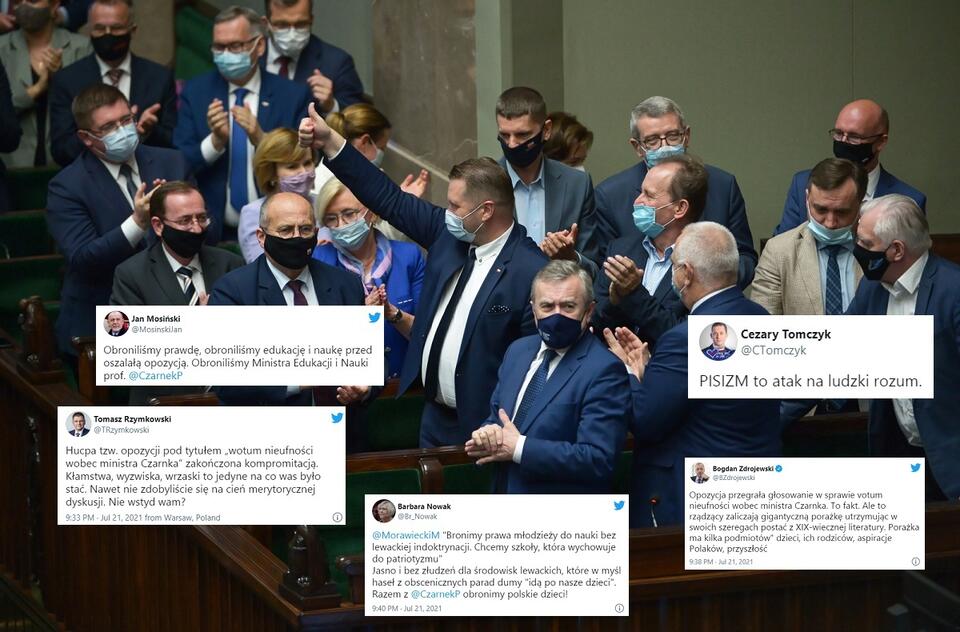 Posłowie w głosowaniu odrzucili wniosek o wyrażenie wotum nieufności wobec ministra Czarnka / autor: PAP/Marcin Obara; Twitter