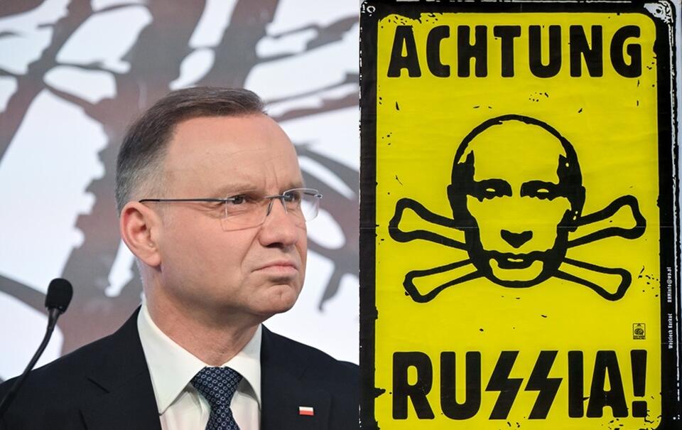 Prezydent Andrzej Duda/Plakat Wojciecha Korkucia "Achtung Russia" / autor: PAP/Radek Pietruszka/Fratria