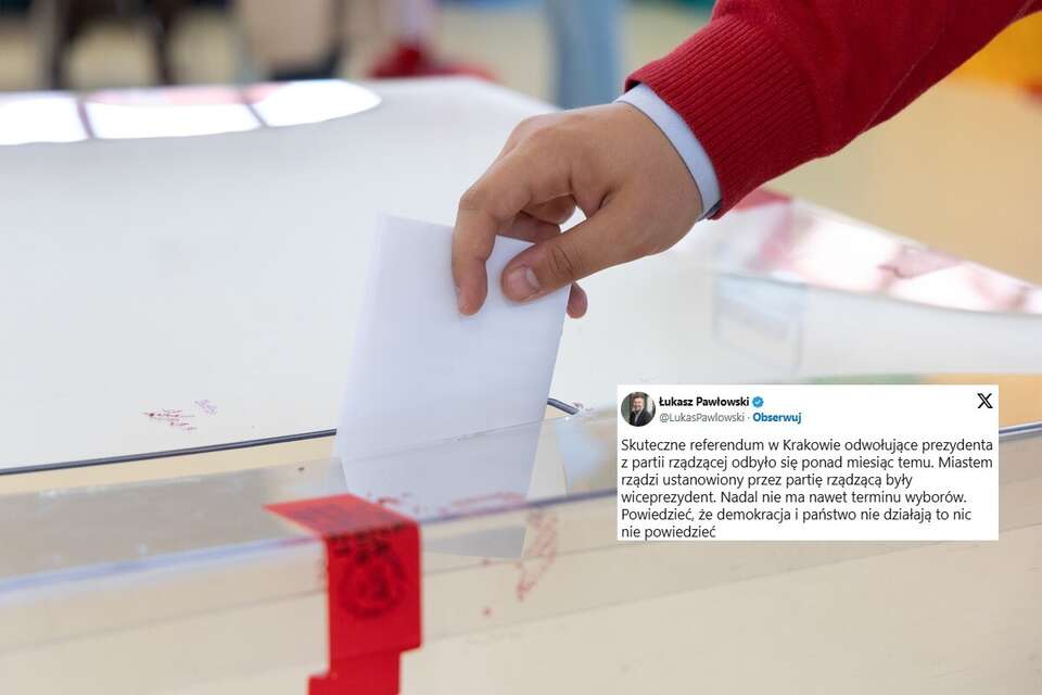 Człowiek wrzuca kartę wyborcza do urny oraz wpis Łukasza Pawłowskiego z portalu X / autor: Fratria/X-Łukasz Pawłowski