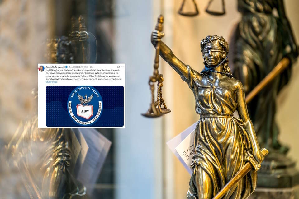 Na zdjęciu figurka Temidy oraz wpis Jacka Dobrzyńskiego (screen z X) / autor: Fratria/X-Jacek Dobrzyński (screen)