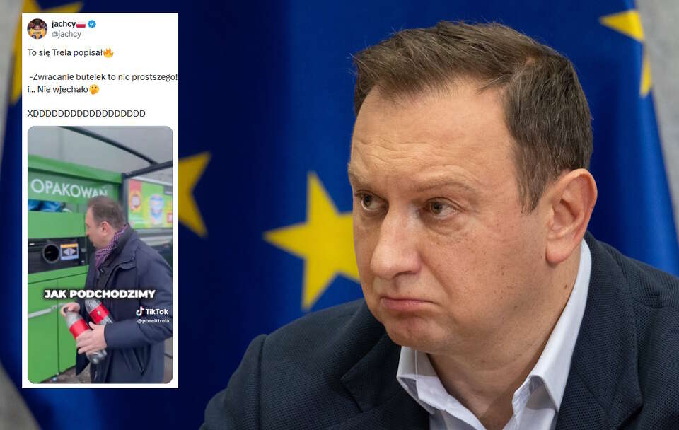 Poseł Tomasz Trela z Lewicy nagrał film instruktarzowyo tym, jak korzystać z butelkomatu. Okazało się, że sam nie umie tego robić.  / autor: Fratria/X