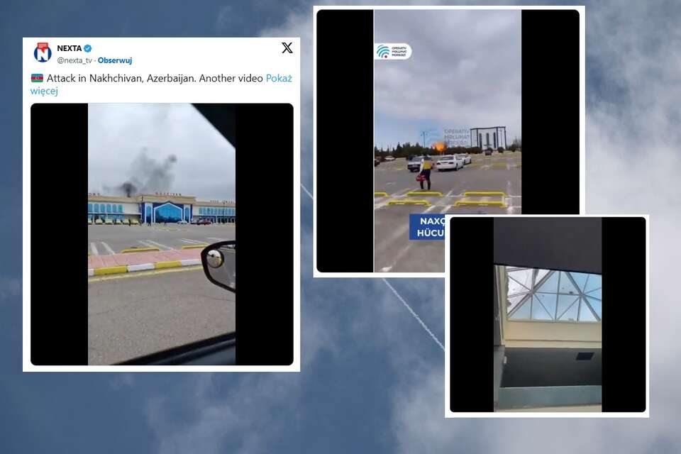 W tle zdjęcie ilustracyjne, w miniaturze kadry z nagrań relacjonujących atak na azerskie lotnisko / autor: X, PAP/EPA