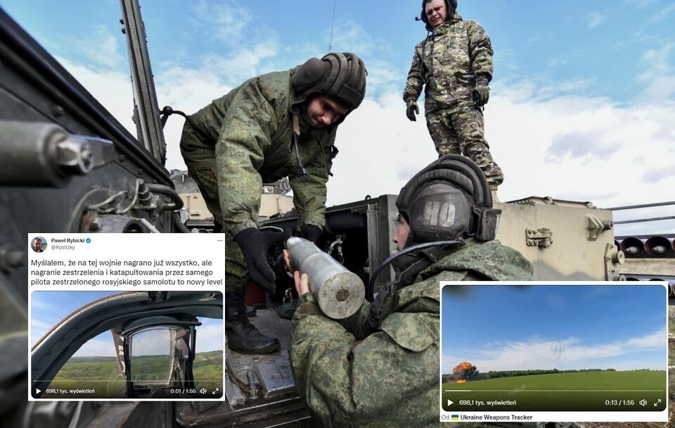 Rosyjscy żołnierze na ćwiczeniach/ Nagrania z Twittera ukazujące zestrzelenie rosyjskiego myśliwca / autor: PAP/EPA/ARKADY BUDNITSKY; Twitter (screeny)