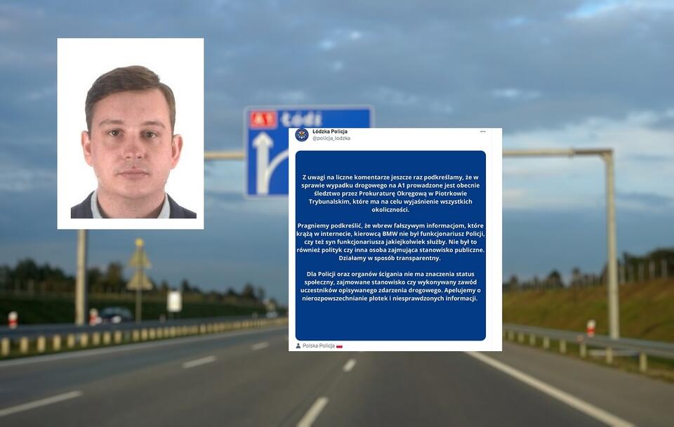 w tle zdjęcie ilustracyjne A1, w miniaturach oświadczenie łódzkiej policji oraz wizerunek kierowcy bmw z listu gończego / autor: Fratria / Twitter(X) / gov.pl/web/prokuratura-krajowa