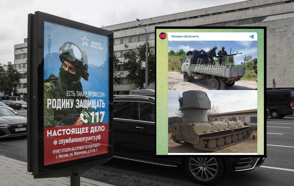Na zdj. w tle plakat w Rosji zachęcający do wstąpienia do armii / autor: PAP/EPA; Telegram/Можем объяснить