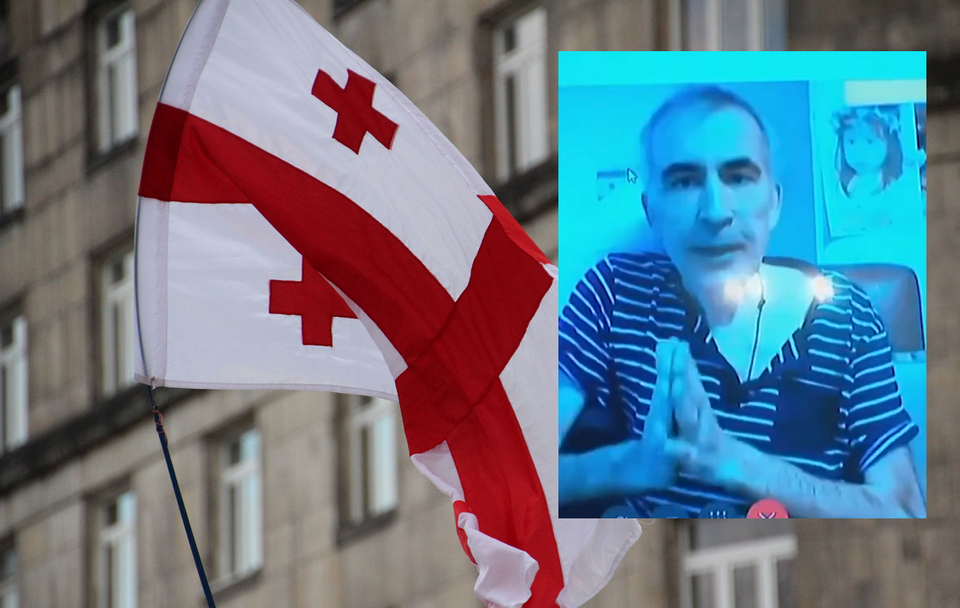 Flaga Gruzji; Micheil Saakaszwili w więzieniu (transmisja z rozmowy wideo) / autor: Fratria; Twitter/Mikheil Saakashvili