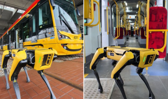 Robot Spot w warszawskiej zajezdni tramwajowej na Żoliborzu