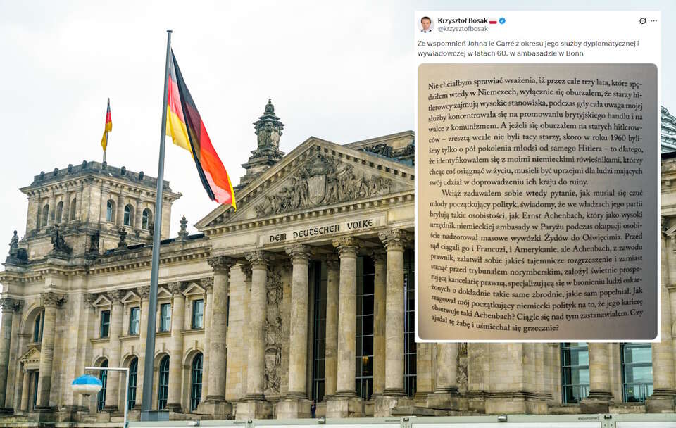 Wicemarszałek Sejmu Krzysztof Bosak cytuje książkę Johna le Carré "Tunel z gołębiami", w której był dyplomata opisuje mentalność Niemców po zakończeniu II wojny.  / autor: Fratria/X