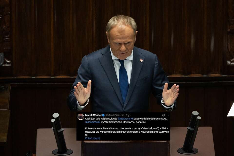 Donald Tusk na mównicy sejmowej oraz wpis Marka Wróbla z portalu X / autor: Fratria/X-Marek Wróbel