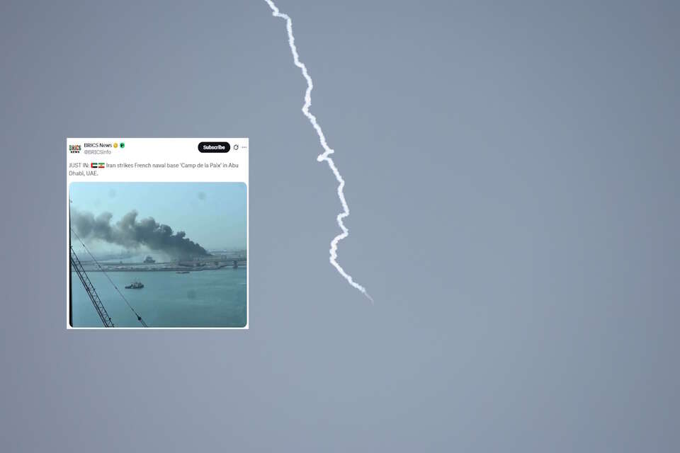 Na zdjęciu irański pocisk nad Abu Zabi oraz wpis BRICS News (screen z X) / autor: PAP/EPA/BRICS News (screen)