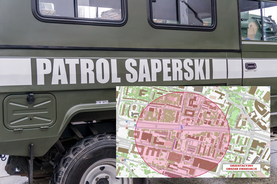 Samochód patrolu saperskiego oraz mapa z zaznaczonym obszarem ewakuacji we Wrosławiu / autor: Fratria/UMW