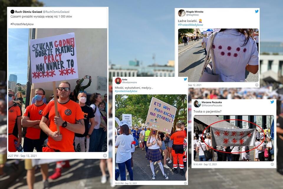 Protest pracowników ochrony zdrowia w Warszawie i wulgarne plakaty z tzw. ośmioma gwiazdkami / autor: PAP/Tomasz Gzell; Twitter