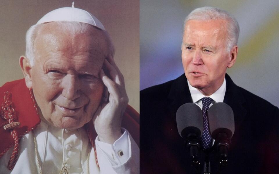 Portret papieża Jana Pawła II/Prezydent USA Joe Biden podczas przemówienia w Arkadach Kubickiego / autor: Fratria/PAP/Radek Pietruszka
