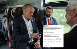 Premier Donald Tusk podczas pierwszego po 33 latach przejazdu pociągu z Ostrołęki do Łomży / autor: PAP/Paweł Supernak, X/Jacek Sasin
