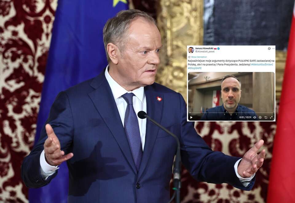 Tusk zadłuży pokolenia Polaków dla uniknięcia odpowiedzialności? Kowalski: SAFE to ma być poduszka jego bezpieczeństwa. Na zdjęciu Donald Tusk i wpis Janusza Kowalskiego (screen z X) / autor: PAP/EPA, X/Janusz Kowalski (screen)