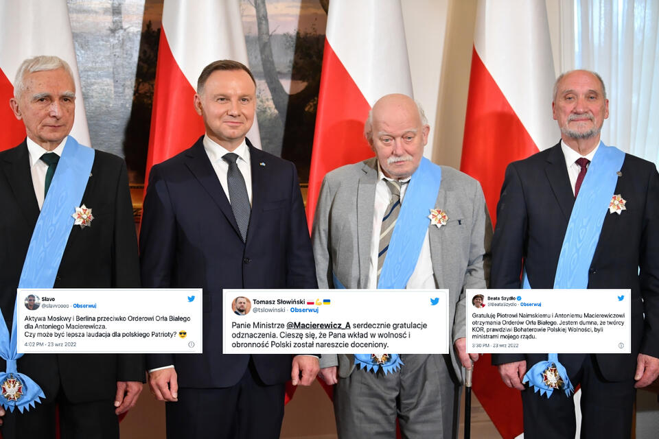 Prezydent RP Andrzej Duda (2L) oraz odznaczeni Orderem Orła Białego: Antoni Macierewicz (P), Piotr Naimski (L) i Mirosław Chojecki (2P). / autor: PAP/Radek Pietruszka/Twitter