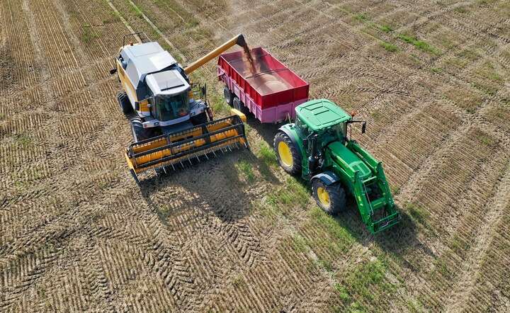 Żniwa - kombajn zbożowy przerzuca ziarno do transportera / autor: Pixabay