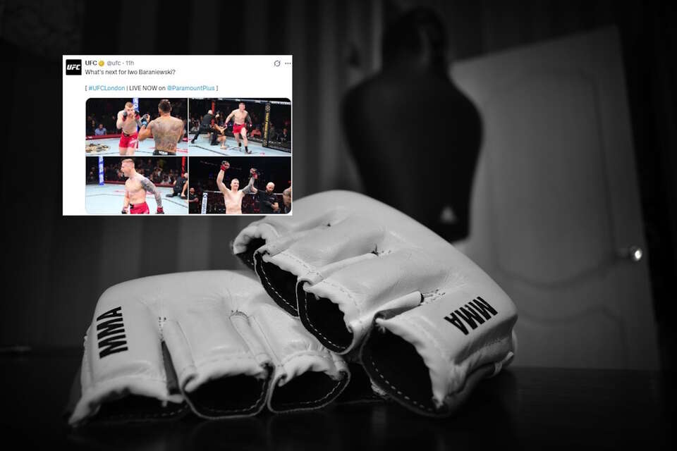 Na zdjęciu rękawice MMA oraz wpis UFC (screen z X) / autor: pixabay.com/X-UFC (screen)