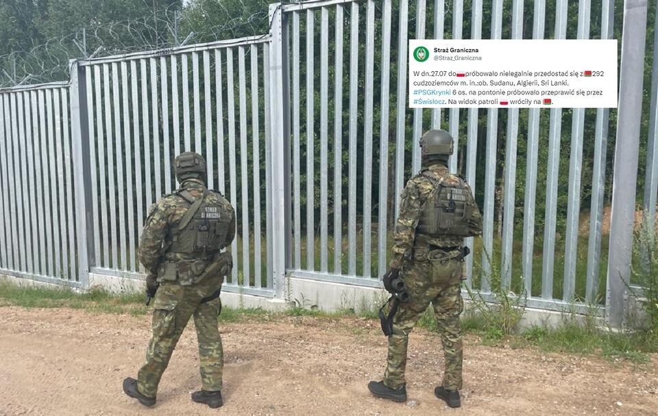 Patrol Straży Granicznej przy zaporze na granicy z Białorusią / autor: Twitter/Straż Graniczna