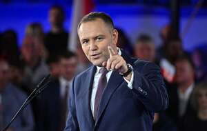 Na zdjęciu prezydent RP Karol Nawrocki na spotkaniu w Mińsku Maz., podsumowującym 100 dni jego urzędowania / autor: PAP/Przemysław Piątkowski