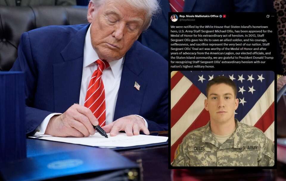 Medal Honoru dla sierżanta Ollisa, który zginął ratując Polaka / autor: PAP/EPA/YURI GRIPAS / POOL/X