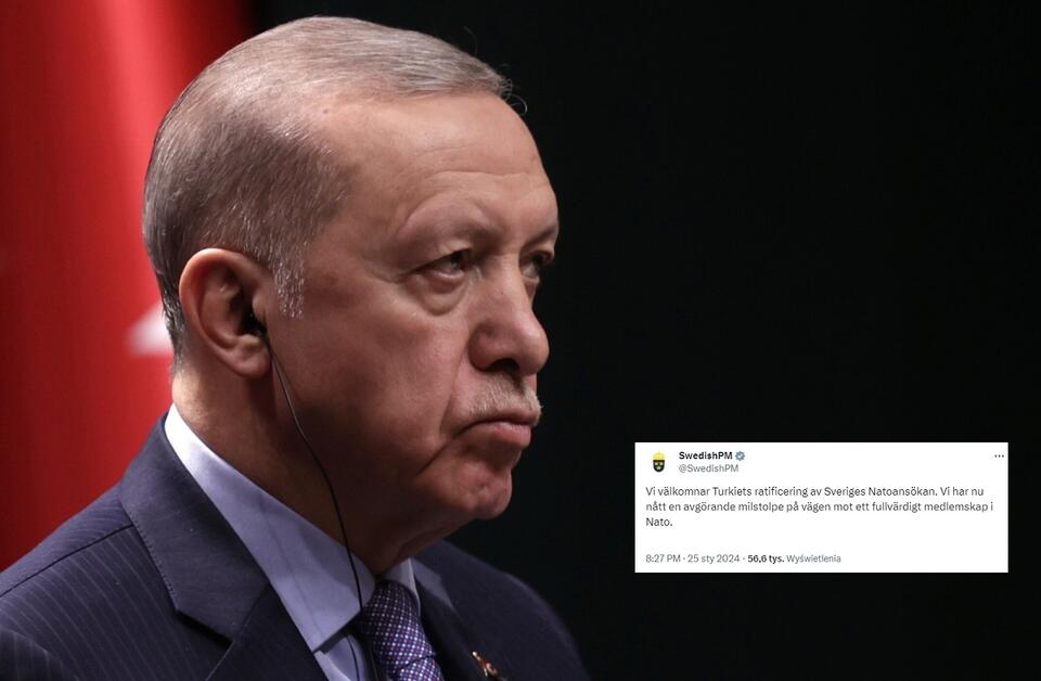 Prezydent Turcji  Recep Tayyip Erdogan; w miniaturze wpis szwedzkiego premiera Ulfa Kristerssona / autor: PAP/EPA; X/SwedishPM