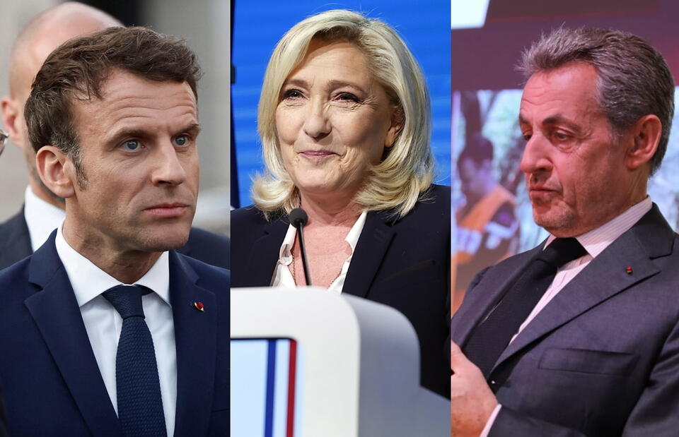 Marine Le Pen, Emmanuel Macron, Nicolas Sarkozy / autor: PAP/EPA/Twitter @PompiersFR