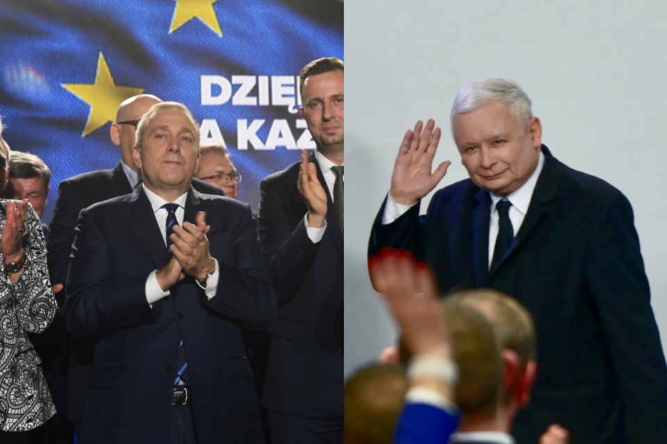 Liderzy KE i PiS po ogłoszeniu wyników. / autor: PAP/Radek Pietruszka/Jakub Kamiński