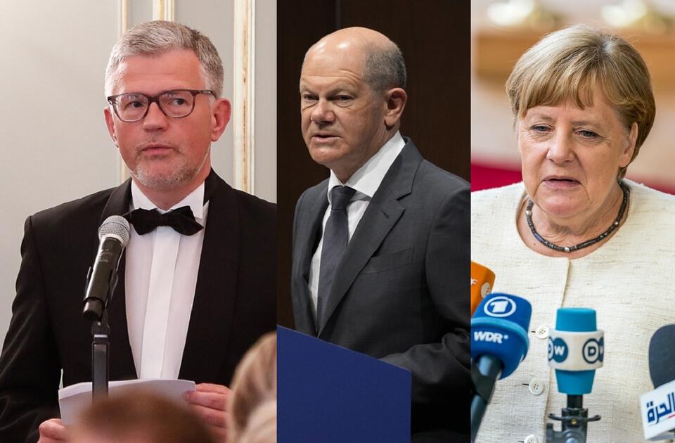Ambasador Ukrainy w Berlinie A.Melnyk; kanclerz Niemiec O.Scholz i Angela Merkel / autor: PAP/EPA/Gerald Matzka / POOL; PAP/EPA; Fratria