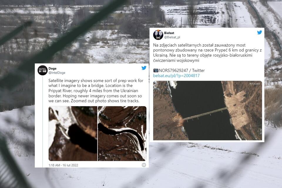 Zdjęcia satelitarne przedstawiające most pontonowy na rzece Prypeć / autor: PAP/EPA; Twitter