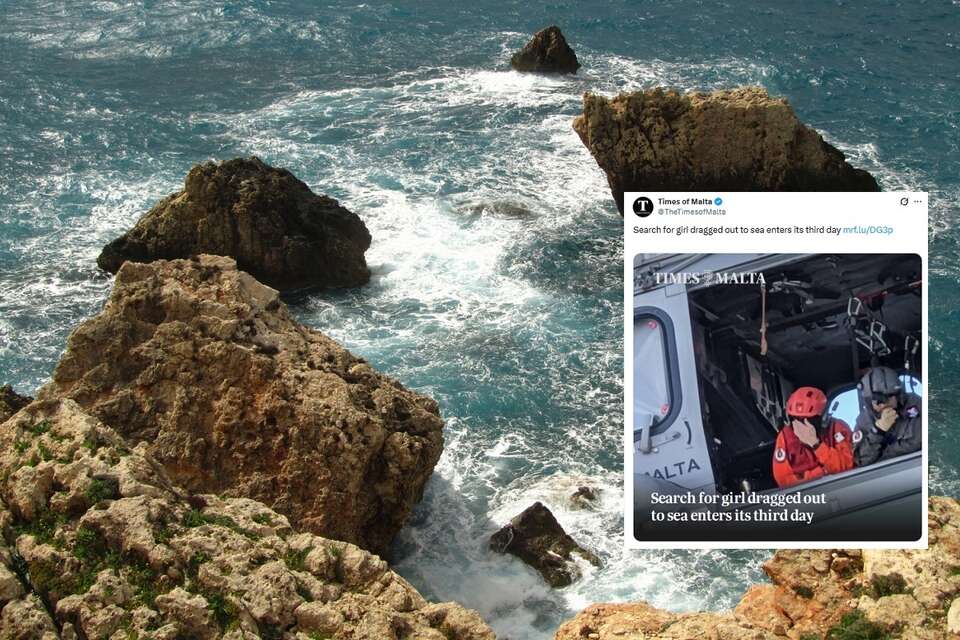 W tle wzburzone fale morza na Malcie (zdj. ilustracyjne), w miniaturze wpis "Times of Malta" o tragicznym finale poszukiwań 13-letniej Polski / autor: Freepik, X/ Times of Malta