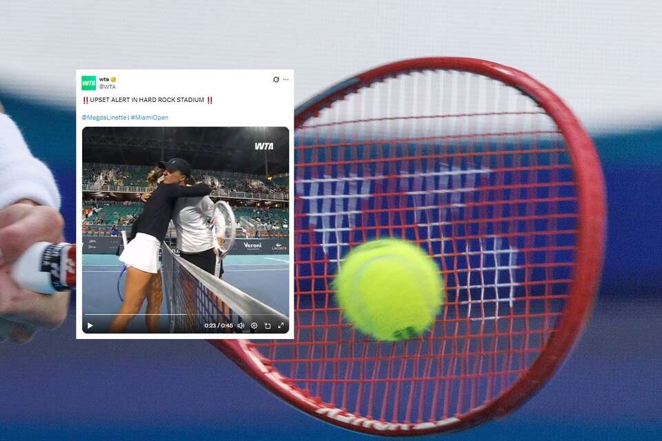 w tle zdj. ilustracyjne z rozgrywki w turnieju WTA w Miami / autor: PAP/EPA, X/wta