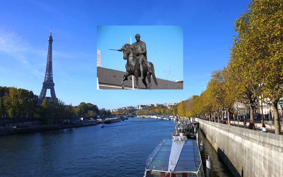 Na zdjęciu widok na wieżę Eiffla z Sekwany oraz pomnik gen. Józefa Poniatowskiego przed Pałacem Prezydenckim w Warszawie / autor: Fratria