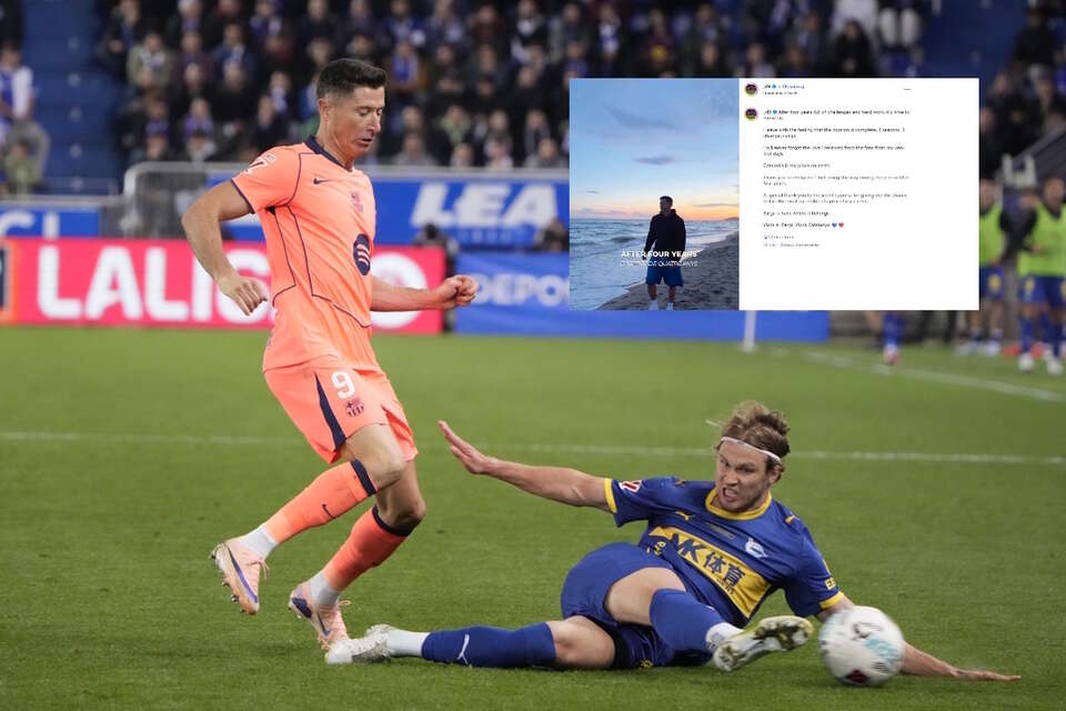 Ville Koska i Robert Lewandowski podczas meczu pomiędzy Alaves i FC Barceloną w Vitorii oraz wpis Lewandowskiego (screen z Instagrama) / autor: PAP/EPA/Ig-_rl9 (screen)