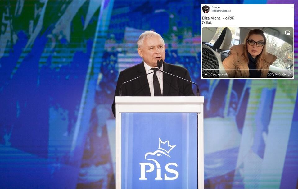Prezes PiS Jarosław Kaczyński/ Nagranie z wywodami Elizy Michalik  / autor: Fratria; Twitter/obserwujesobie (screenshot)