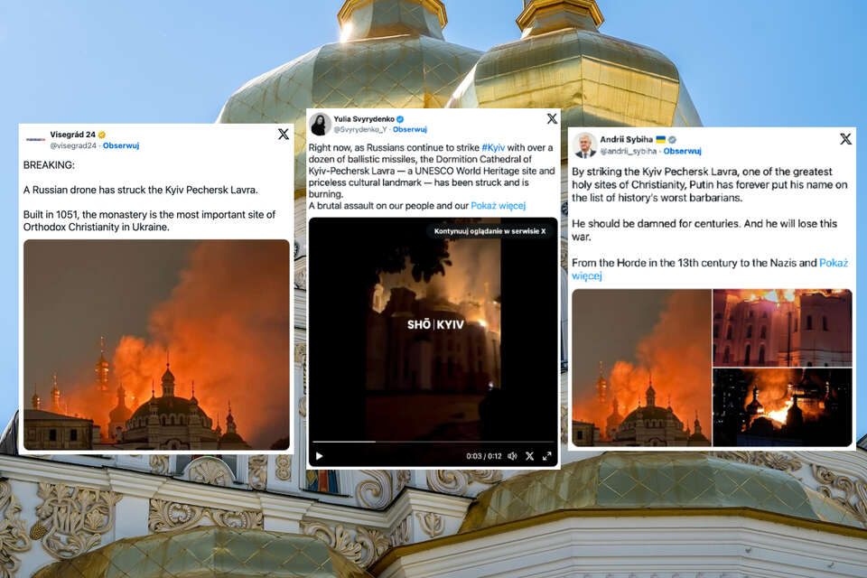 Co najmniej 18 osób zostało rannych a historyczny klasztor Ławra Peczerska w Kijowie stanął w płomieniach w rezultacie zmasowanergo ataku rosyjskich rakiet i dronów w nocy z niedzieli na poniedziałek. / autor: Fratria/X