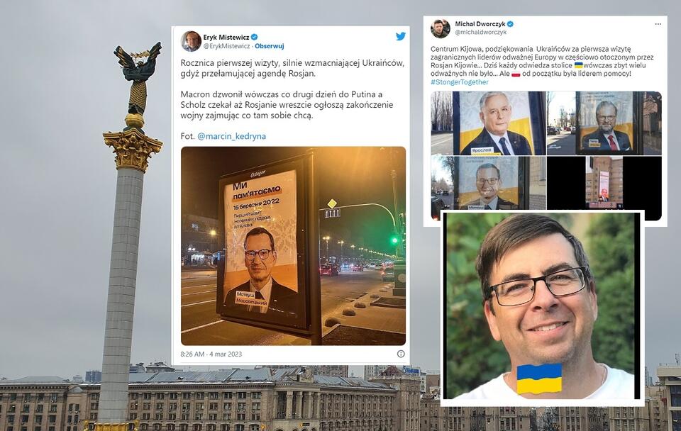 Plakaty upamiętniające wizytę przywódców Polski, Czech i Słowacji w Kijowie 15 marca 2022 roku  / autor: Fratria/Twitter/Facebook