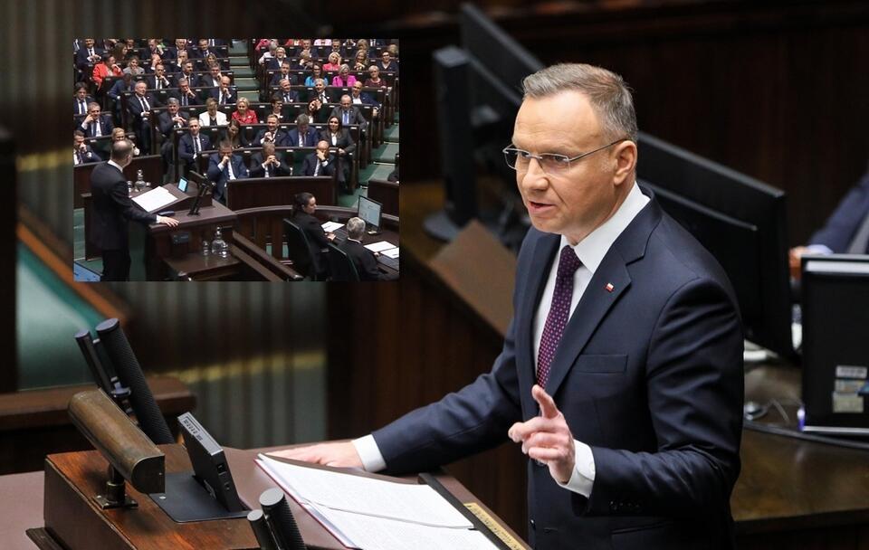 Prezydent przemawia w Sejmie, posłowie KO śmieją się / autor: PAP/Paweł Supernak, screenshot: www.sejm.gov.pl