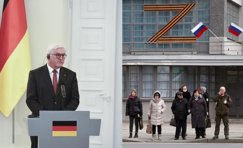 Prezydent Niemiec Frank-Walter Steinmeier/Rosyjskie flagi i symbol "Z" w Petersburgu / autor: Fratria/PAP/EPA