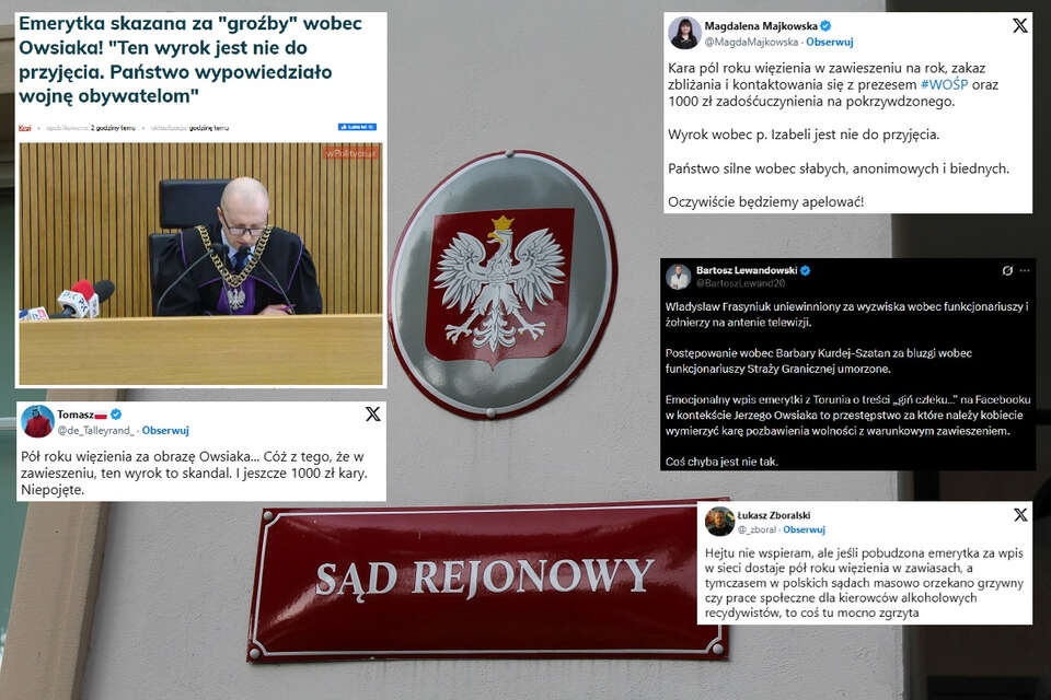 Burza w sieci po wyroku SO ws. emerytki i Owsiaka. "Kompletnie niezrozumiałe orzeczenie";  "Coś tu mocno zgrzyta"; "Niepojęte". / autor: Fratria/X