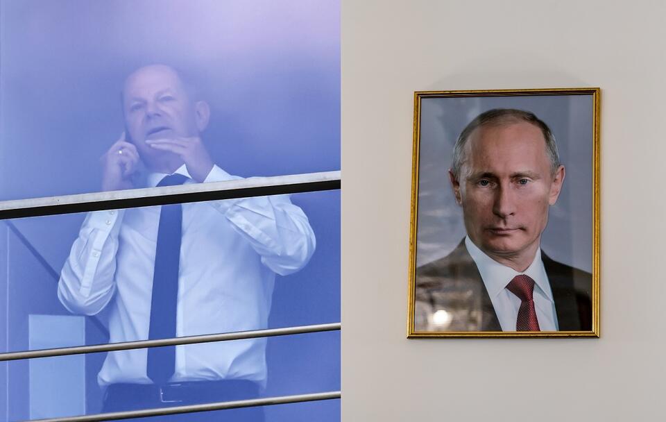 Kanclerz Niemiec Olaf Scholz i portret Władimira Putina / autor: PAP/EPA;Fratria