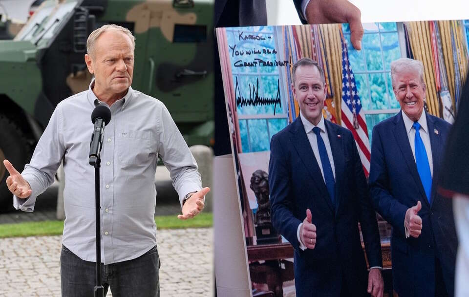 Donald Tusk, obok zdjęcia z wizyty Karola Nawrockiego w Białym Domu / autor: PAP/Adam Kumorowicz, 	PAP/EPA/AARON SCHWARTZ / POOL