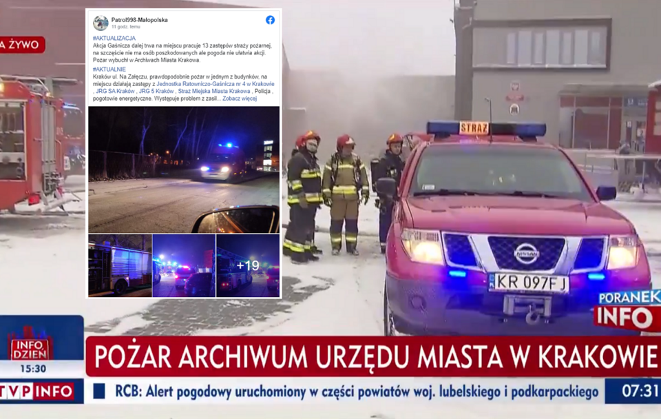 Pożar w Krakowie / autor: screen/TVP Info/Facebook/Patrol998-Małopolska