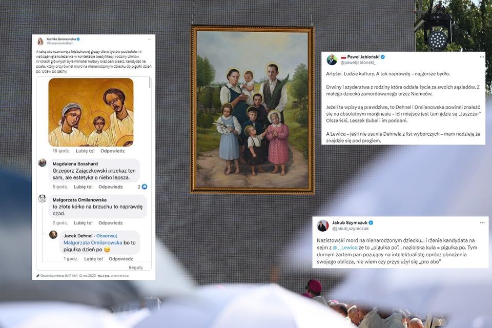 W tle obraz przedstawiający rodzinę Ulmów zaprezentowany na uroczystościach beatyfikacyjnych rodziny Ulmów na stadionie w Markowej / autor: PAP/Darek Delmanowicz; Twitter (X)