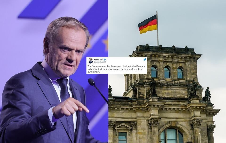 Donald Tusk/Flaga Niemiec na budynku / autor: Fratria/Twitter Donald Tusk